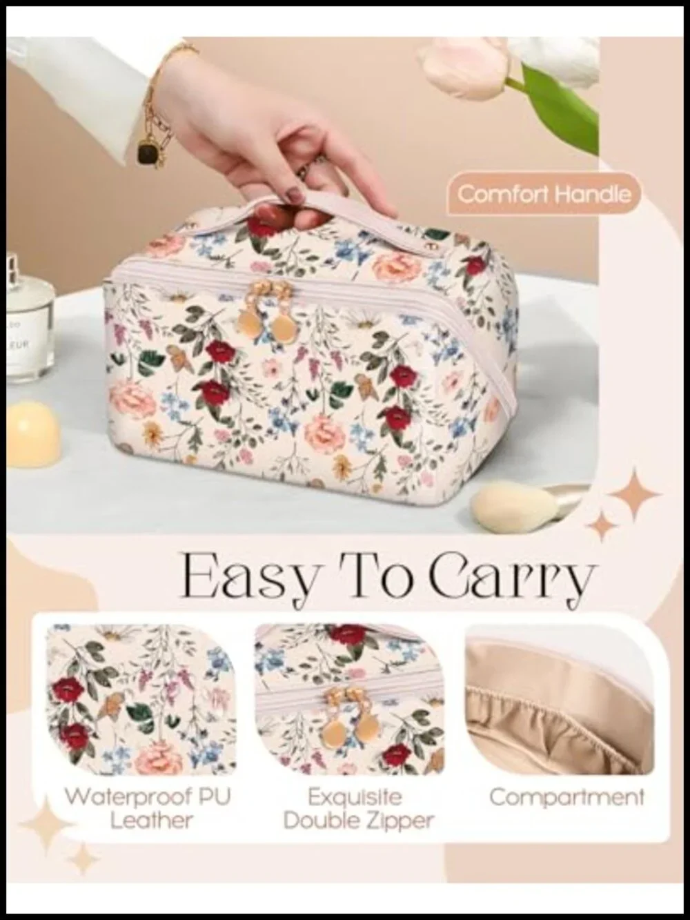 Large Leather Expandable Open Flat Travel Makeup Bag